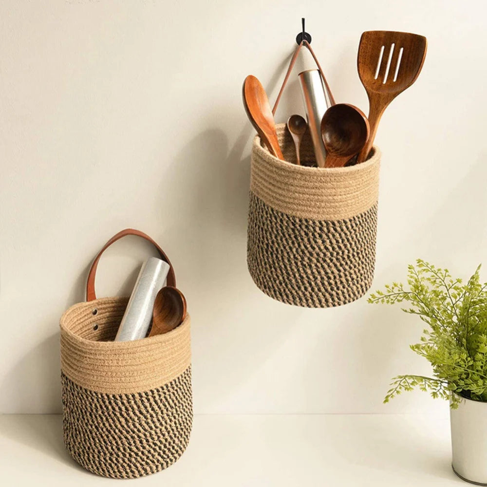 Wall Hanging Woven Jute Cotton Flower Basket