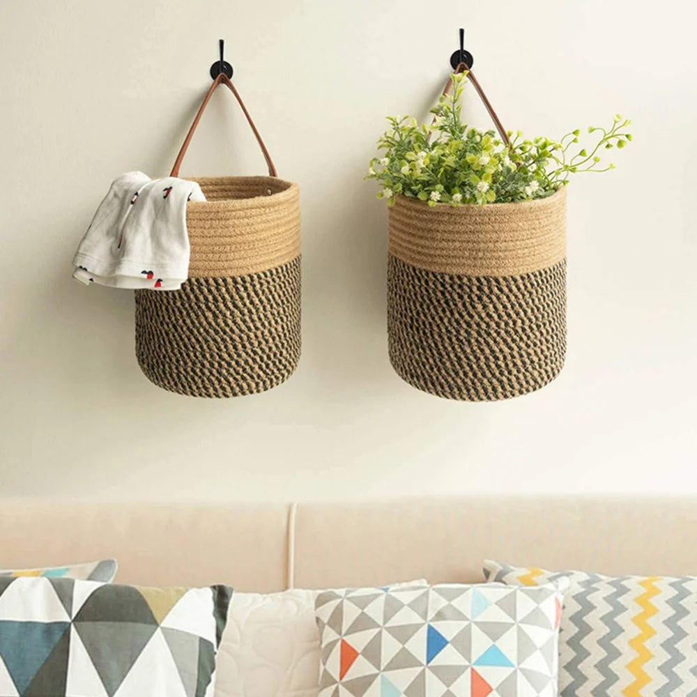 Wall Hanging Woven Jute Cotton Flower Basket